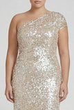Vestido formal de talla más y un hombro con champán brillante y lentejuelas