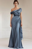 Vestido formal fruncido de satén de un hombro sirena gris azul con volantes
