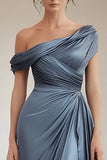 Vestido formal fruncido de satén de un hombro sirena gris azul con volantes