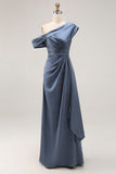Vestido de la madre de la novia de satín de un solo hombro de talla grande talla grande gris azul