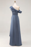 Vestido de la madre de la novia de satín de un solo hombro de talla grande talla grande gris azul