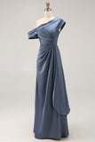 Vestido formal fruncido de satén de un hombro sirena gris azul con volantes