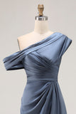 Vestido formal fruncido de satén de un hombro sirena gris azul con volantes
