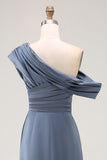 Vestido formal fruncido de satén de un hombro sirena gris azul con volantes