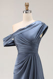 Vestido formal fruncido de satén de un hombro sirena gris azul con volantes