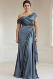 Vestido de la madre de la novia de satín de un solo hombro de talla grande talla grande gris azul