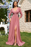 Vestido formal largo de gasa de manga larga con escote en V de color rosa empolvado