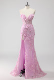 Vestido de fiesta largo de sirena con apliques Coset sin tirantes lila con abertura