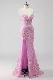 Vestido de fiesta largo de sirena con apliques Coset sin tirantes lila con abertura