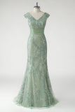Vestido de Fiesta Sirena Verde Escote en V Mangas Cortas Lentejuelas Brillantes