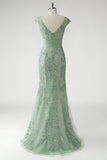 Vestido de Fiesta Sirena Verde Escote en V Mangas Cortas Lentejuelas Brillantes