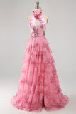 Vestido largo de graduación con filetes, con volantes y un cuello halter con recorte de chiffon, con un vestido largo de fin, flor 3D