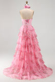 Vestido largo de graduación con filetes, con volantes y un cuello halter con recorte de chiffon, con un vestido largo de fin, flor 3D