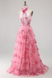 Vestido largo de graduación con filetes, con volantes y un cuello halter con recorte de chiffon, con un vestido largo de fin, flor 3D