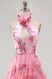 Vestido largo de graduación con filetes, con volantes y un cuello halter con recorte de chiffon, con un vestido largo de fin, flor 3D