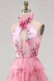Vestido largo de graduación con filetes, con volantes y un cuello halter con recorte de chiffon, con un vestido largo de fin, flor 3D