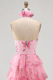 Vestido largo de graduación con filetes, con volantes y un cuello halter con recorte de chiffon, con un vestido largo de fin, flor 3D