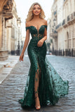 Vestido de fiesta largo verde oscuro de sirena con lentejuelas y hombros descubiertos con bordado