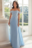 Elegante vaina de gasa azul cielo con hombros descubiertos madre larga de la novia con apliques de encaje