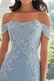 Elegante vaina de gasa azul cielo con hombros descubiertos madre larga de la novia con apliques de encaje