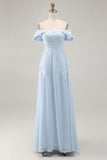 Elegante vaina azul cielo con hombros descubiertos Chifón largo Madre de la novia con apliques