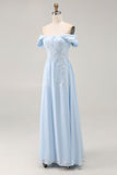 Elegante vaina azul cielo con hombros descubiertos Chifón largo Madre de la novia con apliques