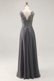 Vestido largo de encaje con cuello en V y cuello en V Charcoal A con apliques