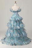Vestido de fiesta con volantes azul floral con hombros descubiertos