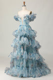 Vestido de fiesta con volantes azul floral con hombros descubiertos