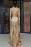 Vestido de fiesta largo plisado plisado metálico dorado Sweetheart