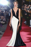 Vestido largo de gala con cuello en V profundo y negro y blanco