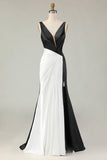 Vestido largo de gala con cuello en V profundo y negro y blanco