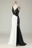 Vestido largo de gala con cuello en V profundo y negro y blanco