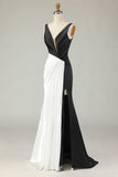 Vaina Vestido de Gala Largo Blanco y Negro con Escote en V Profundo