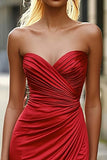 Vestido de fiesta de satén fruncido de sirena rojo