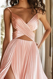 Vestido de fiesta con cuello en V plisado rosa de una línea con abertura