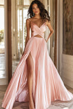 Vestido de fiesta con cuello en V plisado rosa de una línea con abertura