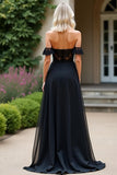 Vestido de fiesta de encaje de gasa negro A Line Off The Shoulder con abertura