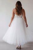 Vestido de compromiso de tul de talla grande con tirantes finos y de talla grande blanca A Line con encaje