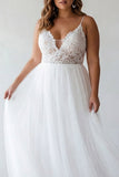 Vestido de compromiso de tul de talla grande con tirantes finos y de talla grande blanca A Line con encaje