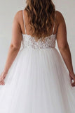 Vestido de compromiso de tul de talla grande con tirantes finos y de talla grande blanca A Line con encaje