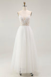 Vestido de compromiso de tul de talla grande con tirantes finos y de talla grande blanca A Line con encaje