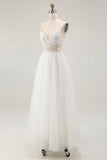 Vestido de compromiso de tul de talla grande con tirantes finos y de talla grande blanca A Line con encaje