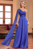 Azul Real Un Hombro con Streamer A Line Vestido de Dama de Honor Largo Fruncido