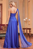 Azul Real Un Hombro con Streamer A Line Vestido de Dama de Honor Largo Fruncido