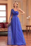Azul Real Un Hombro con Streamer A Line Vestido de Dama de Honor Largo Fruncido