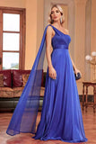 Azul Real Un Hombro con Streamer A Line Vestido de Dama de Honor Largo Fruncido