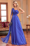 Azul Real Un Hombro con Streamer A Line Vestido de Dama de Honor Largo Fruncido