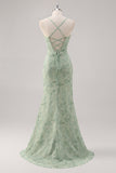 Corsé verde floral Vestido de dama de honor con cordones en la espalda con abertura