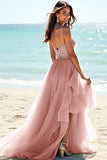Vestido largo de invitada de boda de tul con tirantes de espagueti y volantes